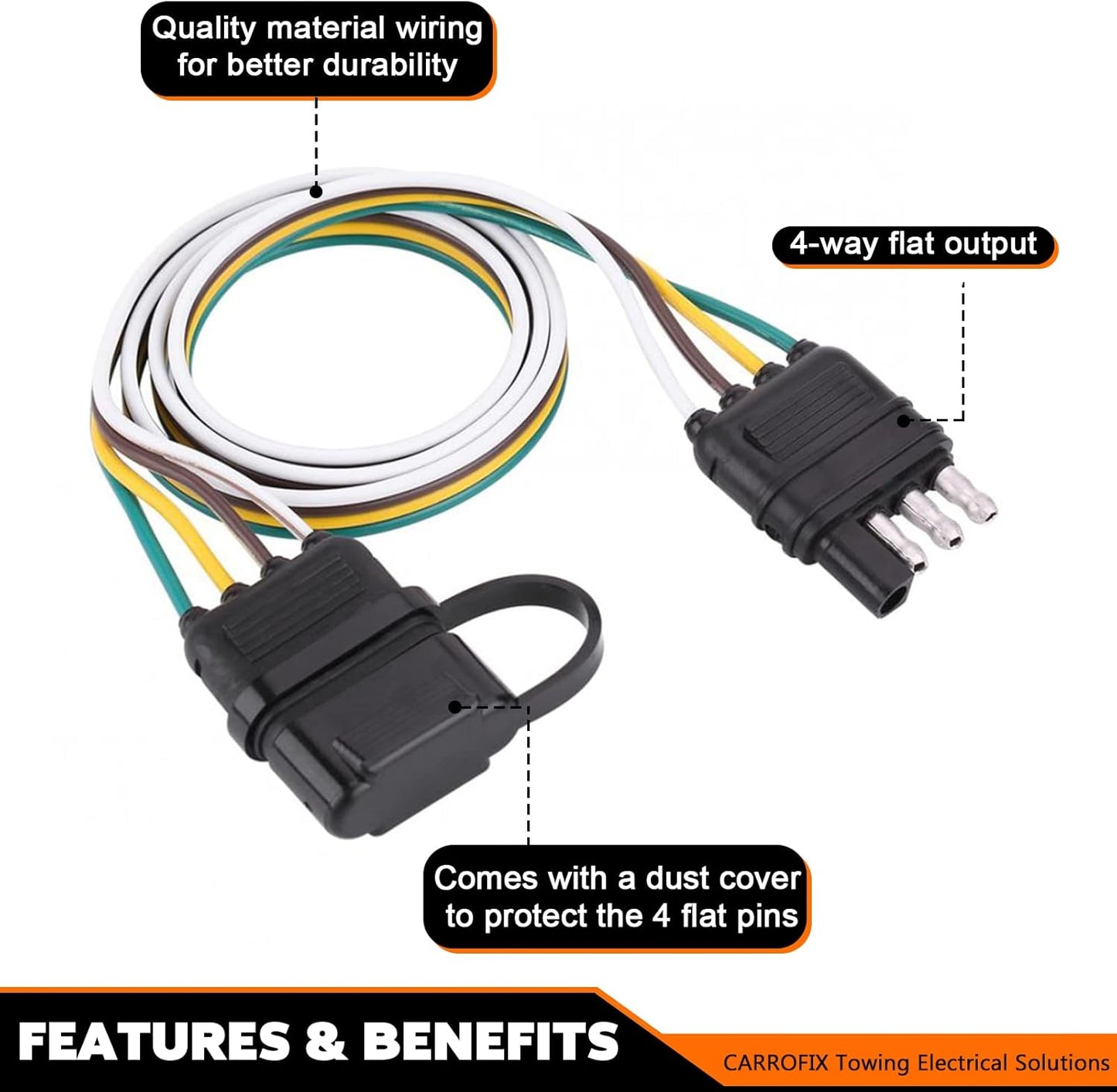 Trailer 4 Wire Plug 32" Inch 4 Pin Flat Wire Extension Male & Female Connector