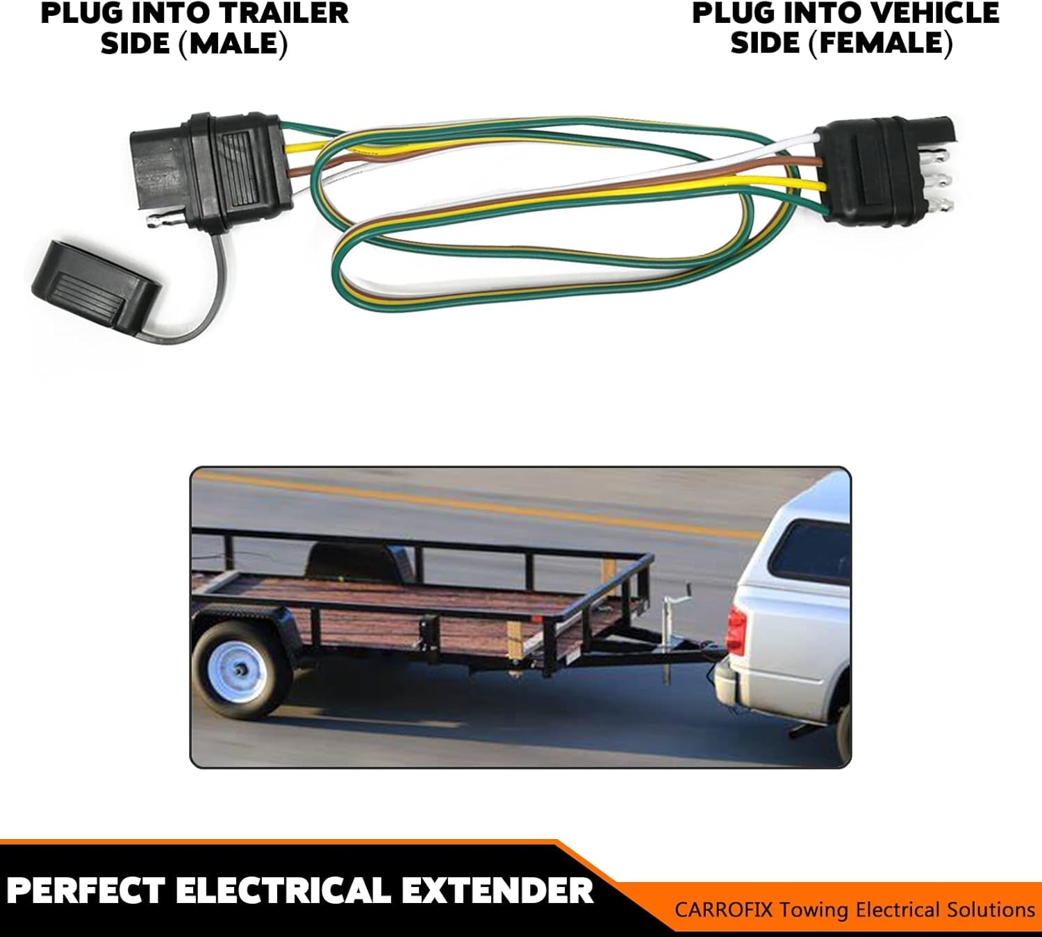 Trailer 4 Wire Plug 32" Inch 4 Pin Flat Wire Extension Male & Female Connector
